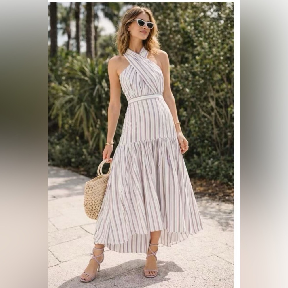 NWT $598 Veronica Beard Radley Striped Poplin Halterneck Midi Dress